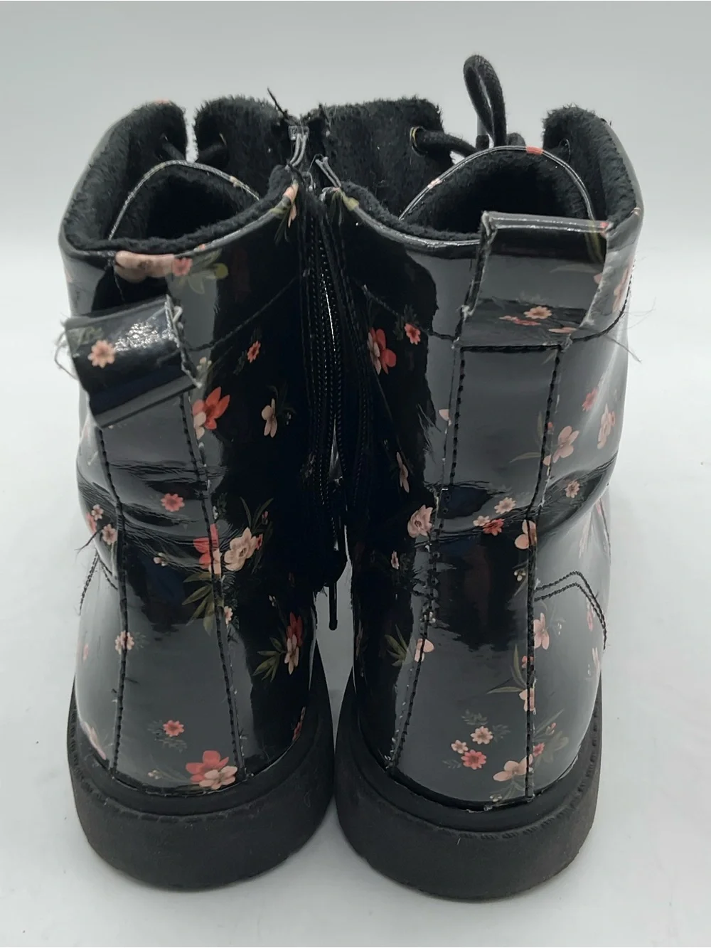 H&M Floral Patent Combat Boots Size 4 Black Lace Up Side Zip